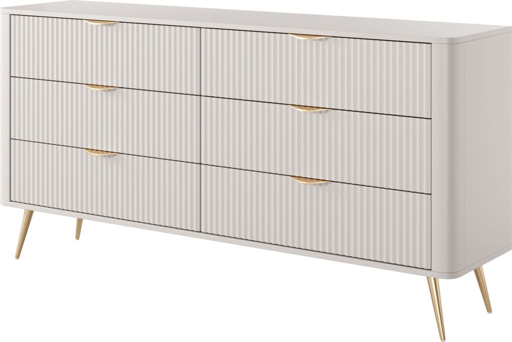 BETTSO Breite Kommode mit 6 Schubladen Geriffelt Fronten Goldene Beine goldene Griffe LANTE 163 cm Beige