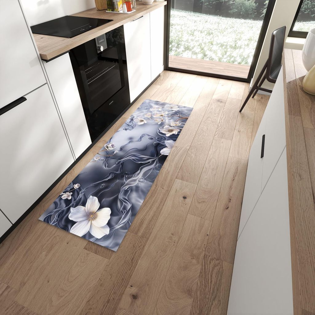 Küchenteppich 60x180cm rutschfest & abwischbar PVC Läufer - Blumenwellen On Silk