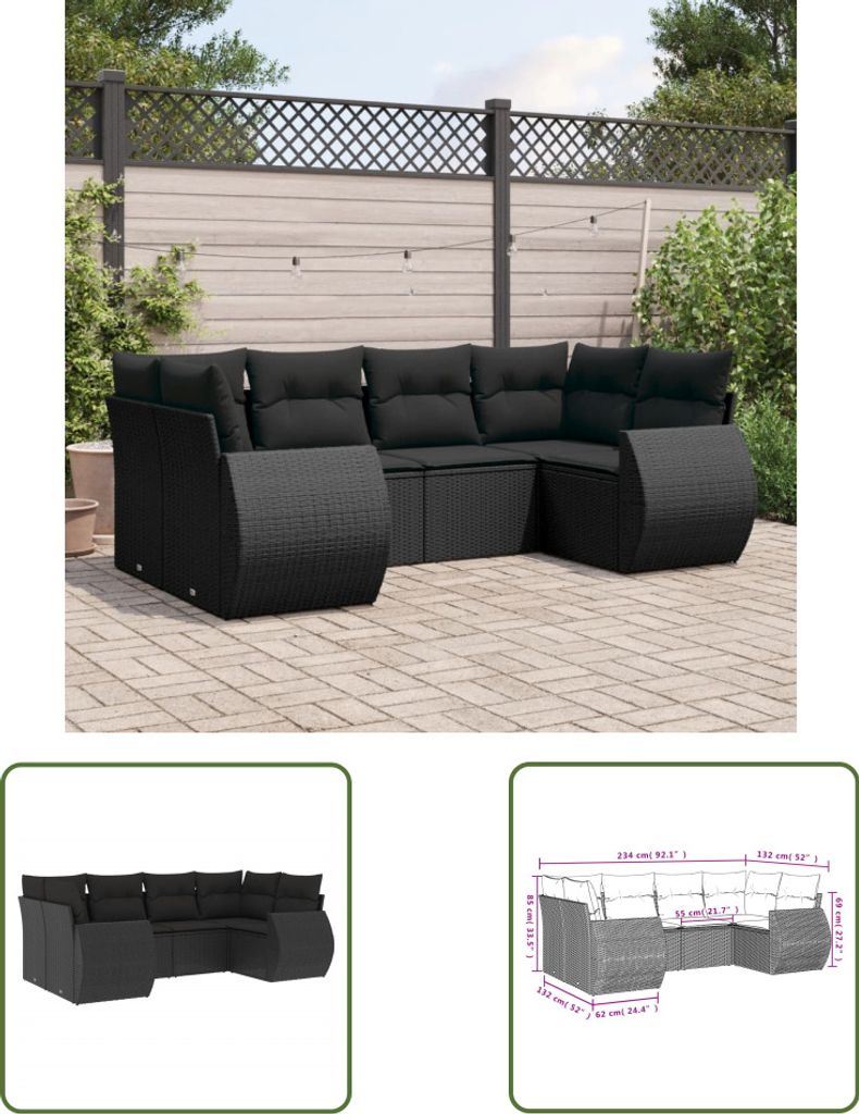 The Living Store 6-tlg. Garten-Sofagarnitur mit Kissen Schwarz Poly Rattan