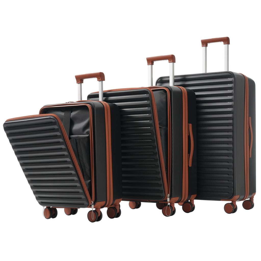 Trolleyset 3er-Set Hartschalenkoffer TSA Reisekoffer mit Klappbare Getränkehalter, die Größe L und XL mit seitlichem Häkchen, AntikSchwarz