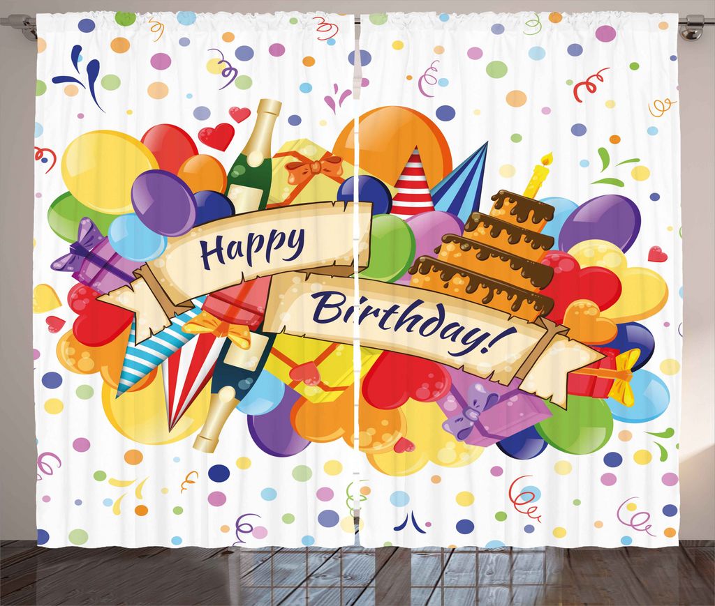 ABAKUHAUS Bunt Rustikaler Gardine, Getränke Kuchen Luftballons, Schlafzimmer Kräuselband Vorhang mit Schlaufen und Haken, 280 x 175 cm, Mehrfarbig
