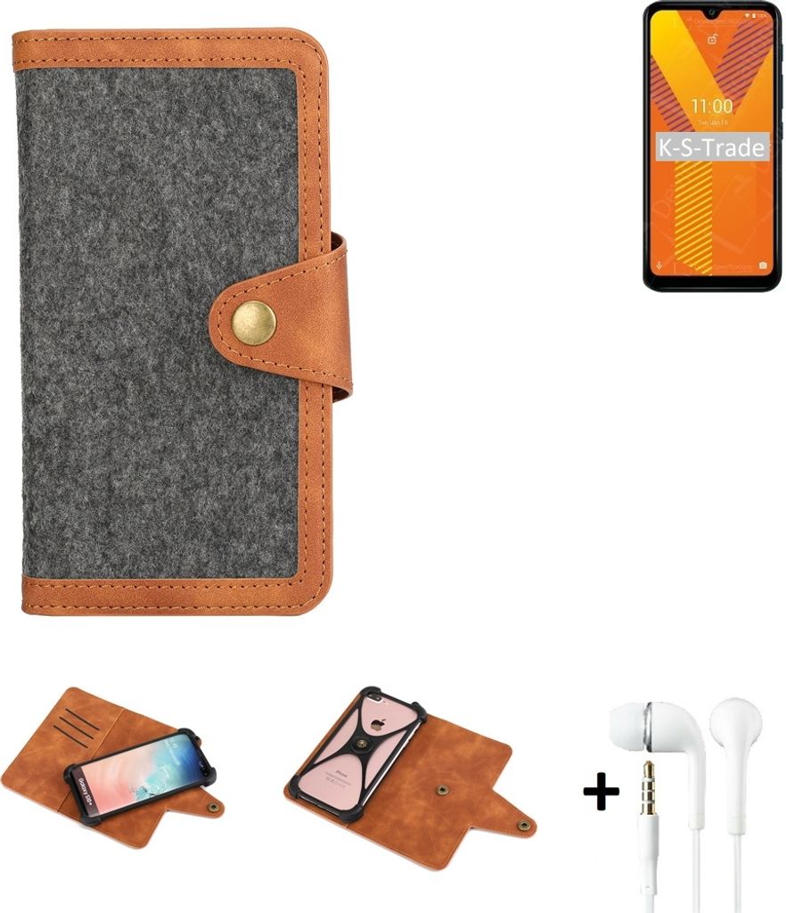 K-S-Trade Handyhülle + Kopfhörer kompatibel mit Wiko Y62 Schutzhülle Filzhülle Kunstleder dunkelgrau braun (1x)
