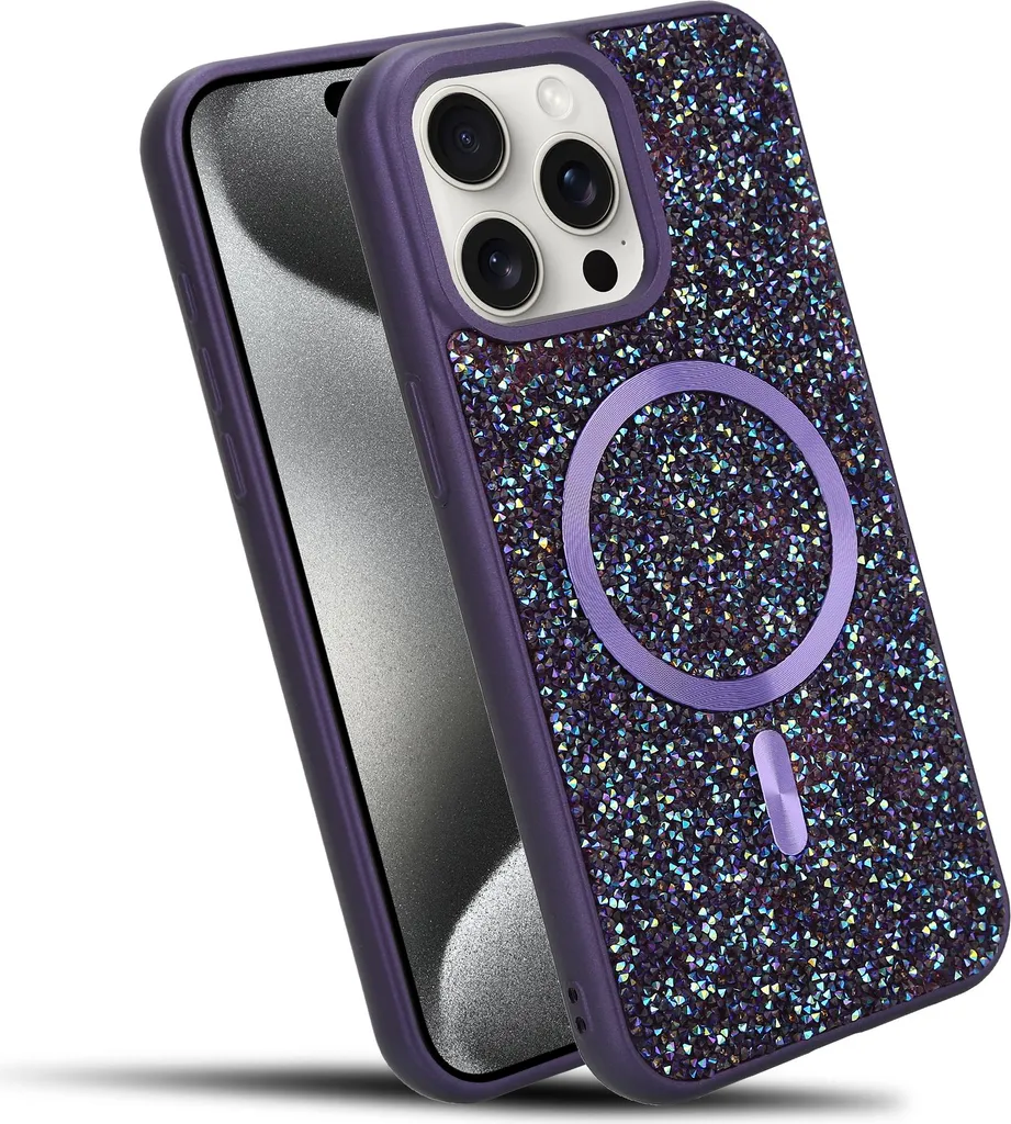 Cadorabo custodia per Apple iPhone 15 PRO custodia glitter compatibile con MagSafe in LILA custodia magnetica per cellulare Sparkle Diamond per Apple iPhone 15 PRO custodia protettiva in cristallo antiurto con forza magnetica - 1