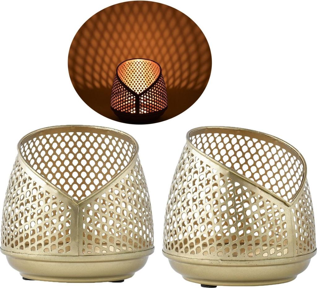 Marrakesch 2er Set Deko aesthetic Teelichthalter aus Metall 12 cm groß Gold | Windlicht Safra als Wohnzimmer Tisch Deko | Exquisite moderne Windli...