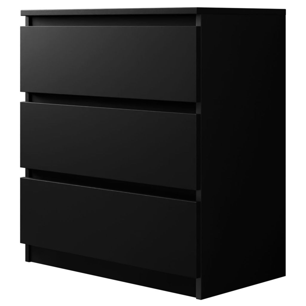 A black chest of drawers with three drawers.