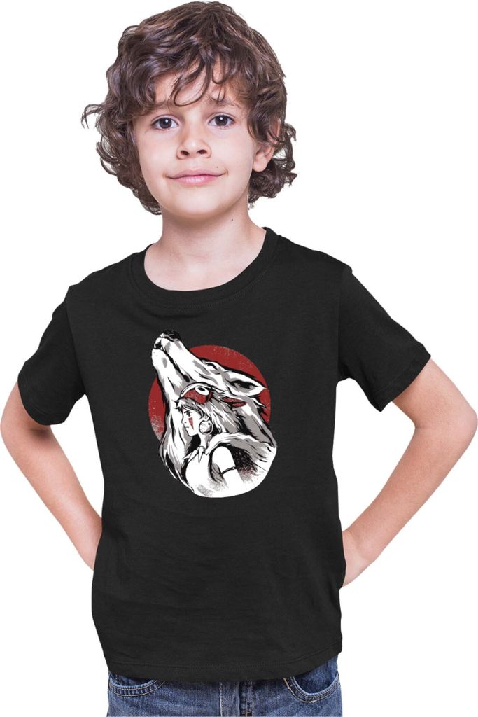 Kinder T-Shirt Japan Anime Manga Princess Mononoke Wolf, 9-11 Jahr - 140 / Schwarz