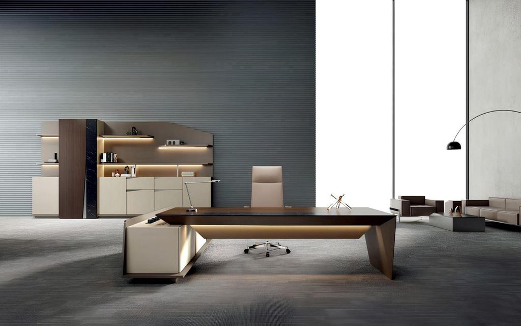 Braun-Beige Bürogarnitur Stilvoller Eckschreibtisch Robustes Bücherregal