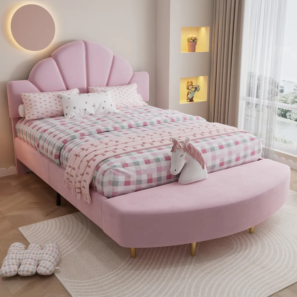 Lit en bois stable 140x200 velours rose avec bords anti-collision