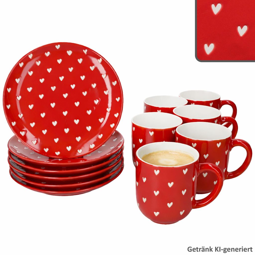 Love 12tlg Frühstücksset Porzellan Kuchenteller Becher rot Herzen