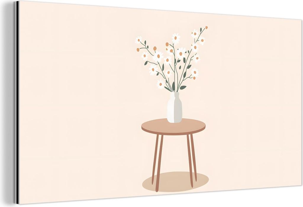 MuchoWow Wanddekoration Metall Metallbild Wandkunst 120x60 cm Vase - Blumen - Gänseblümchen - Beige MuchoWow Aluminium Gemälde - Metalbilder
