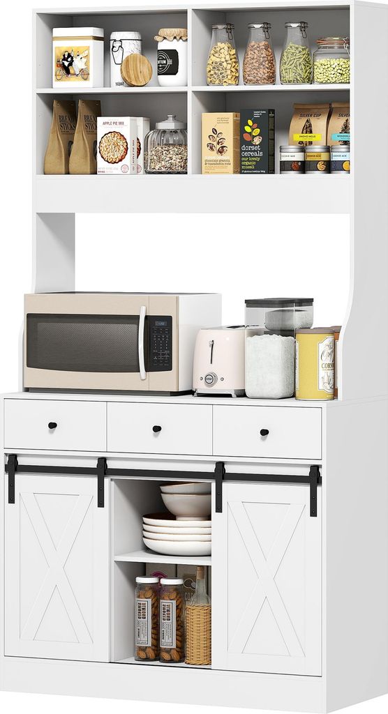 Küchenschrank mit Regalen, Schränken, Schubladen und Ablagefläche, Bauernhaus-Flair, verstellbare Regale, Holz, Weiß
