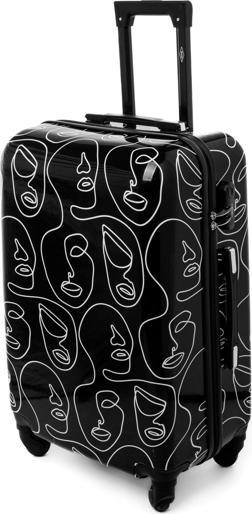 A black suitcase with a white abstract face pattern, shown from a three-quarter angle on a white background.