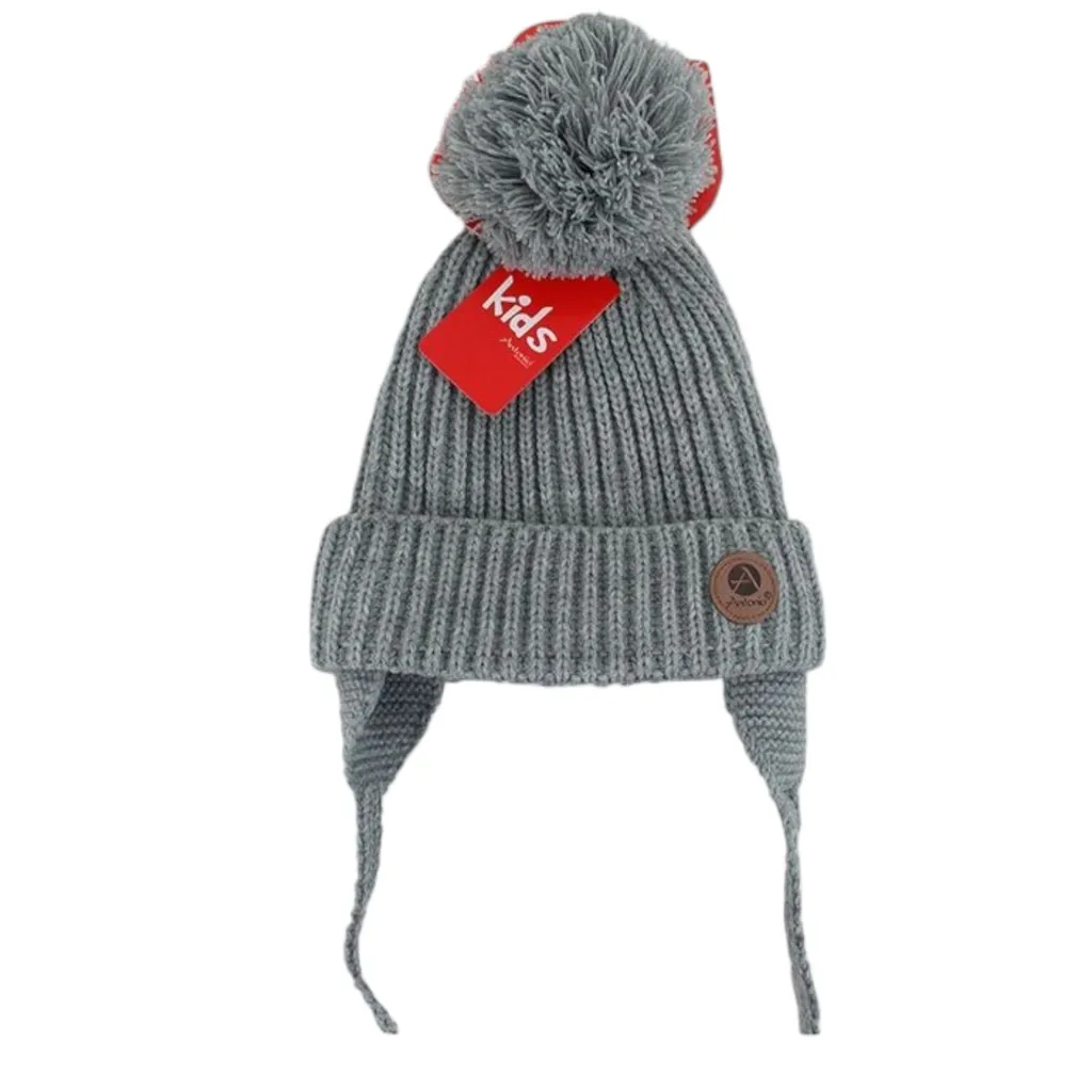 Berretto Neonato Grigio con Pompon e Fodera in Pile - Antivento Inverno
