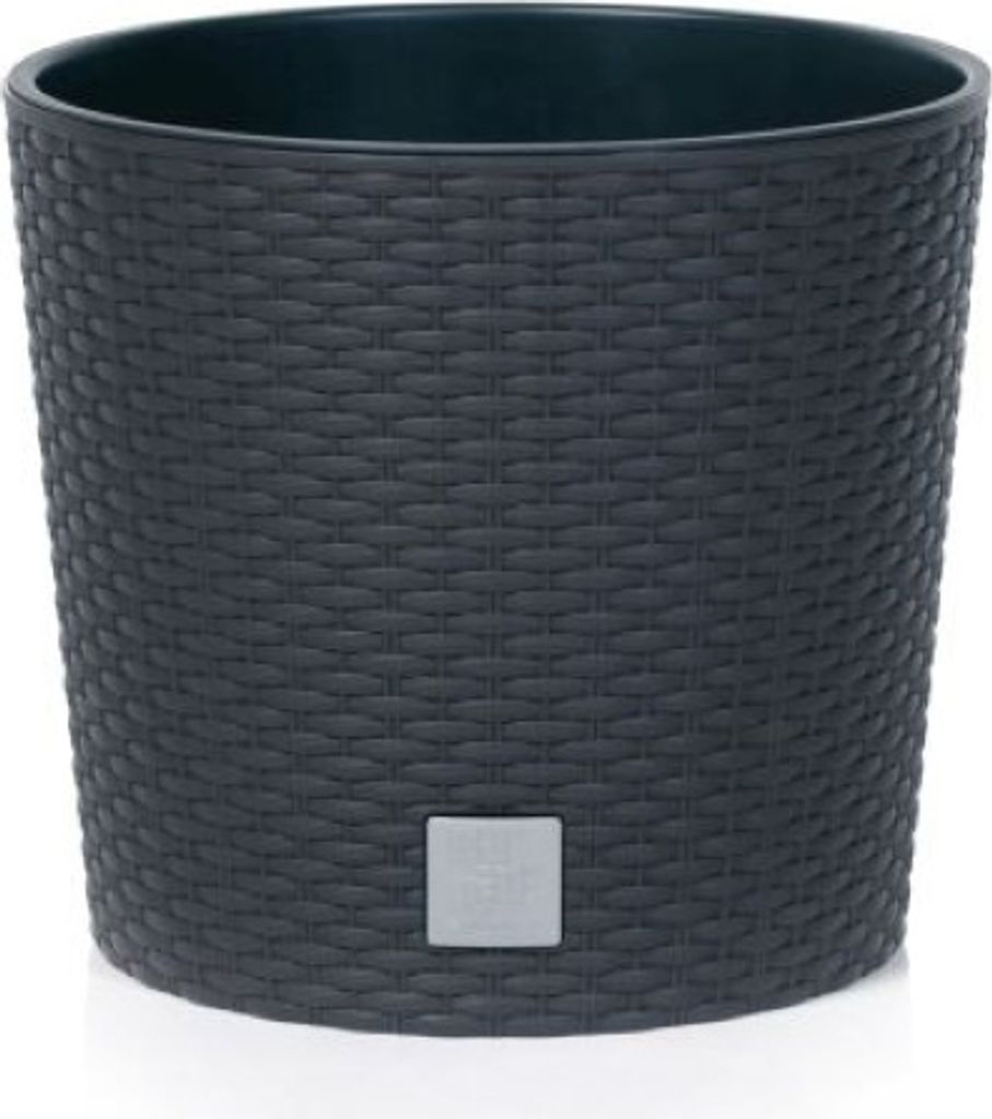 A dark gray, woven-textured round planter pot with a small silver square emblem on the front.