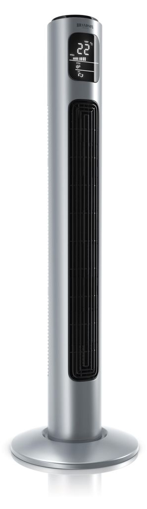 A silver tower fan with a digital display on a white background.