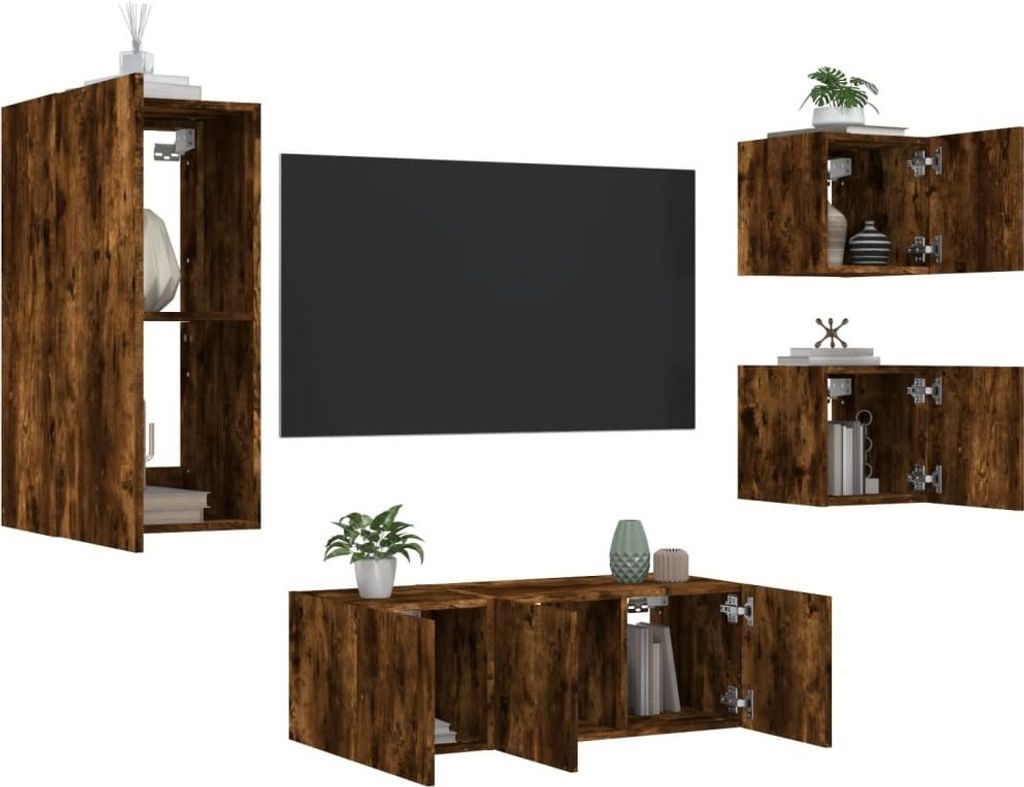 "2026 Promotion" 5-tlg. Wohnwand mit LED-Beleuchtung Räuchereiche Holzwerkstoff - TV-Regal CC12061