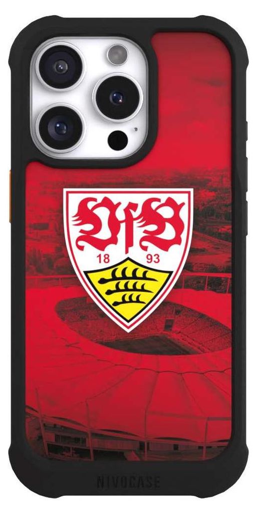 NIVOCASE Hülle für Apple iPhone 16 Pro Stoßfeste Handyhülle NIVOmax Case Schwarz Offizielles Lizenzprodukt Stadion VfB Stuttgart