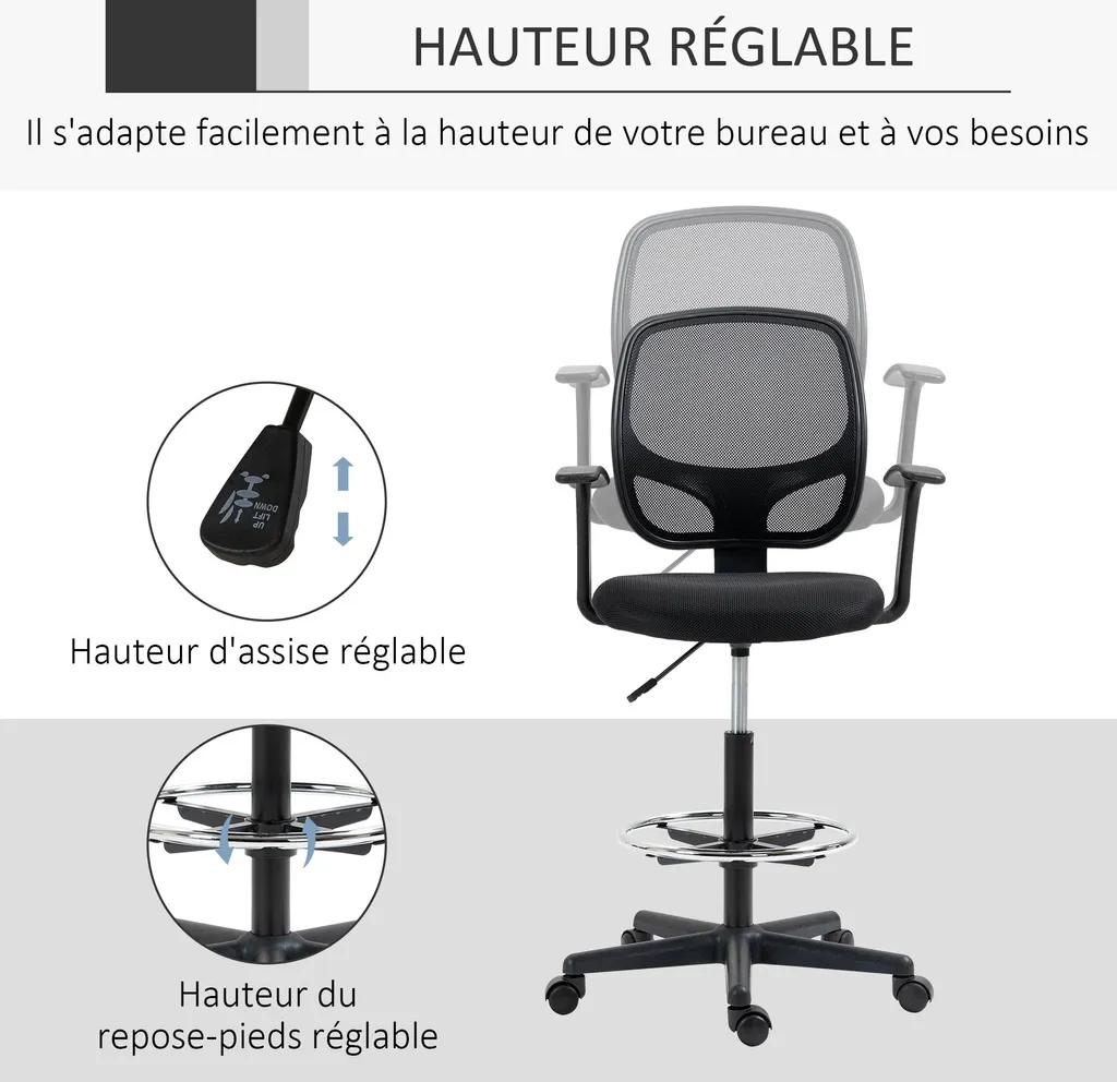 Chaise de dessin ergonomique en maille avec hauteur réglable Vinsetto