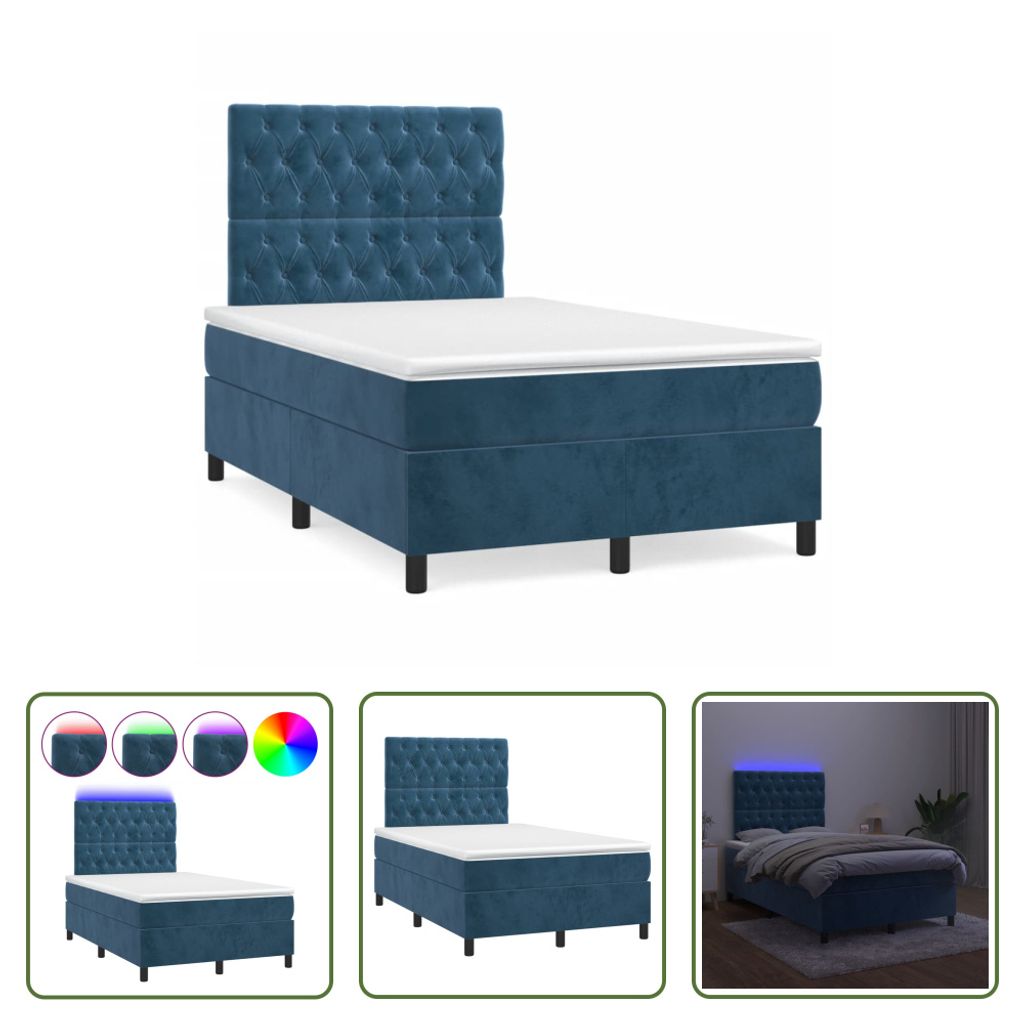 The Living Store Boxspringbett mit Matratze & LED Dunkelblau 120x190 cm Samt
