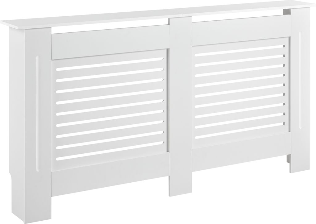 A white radiator cover with a slatted front.