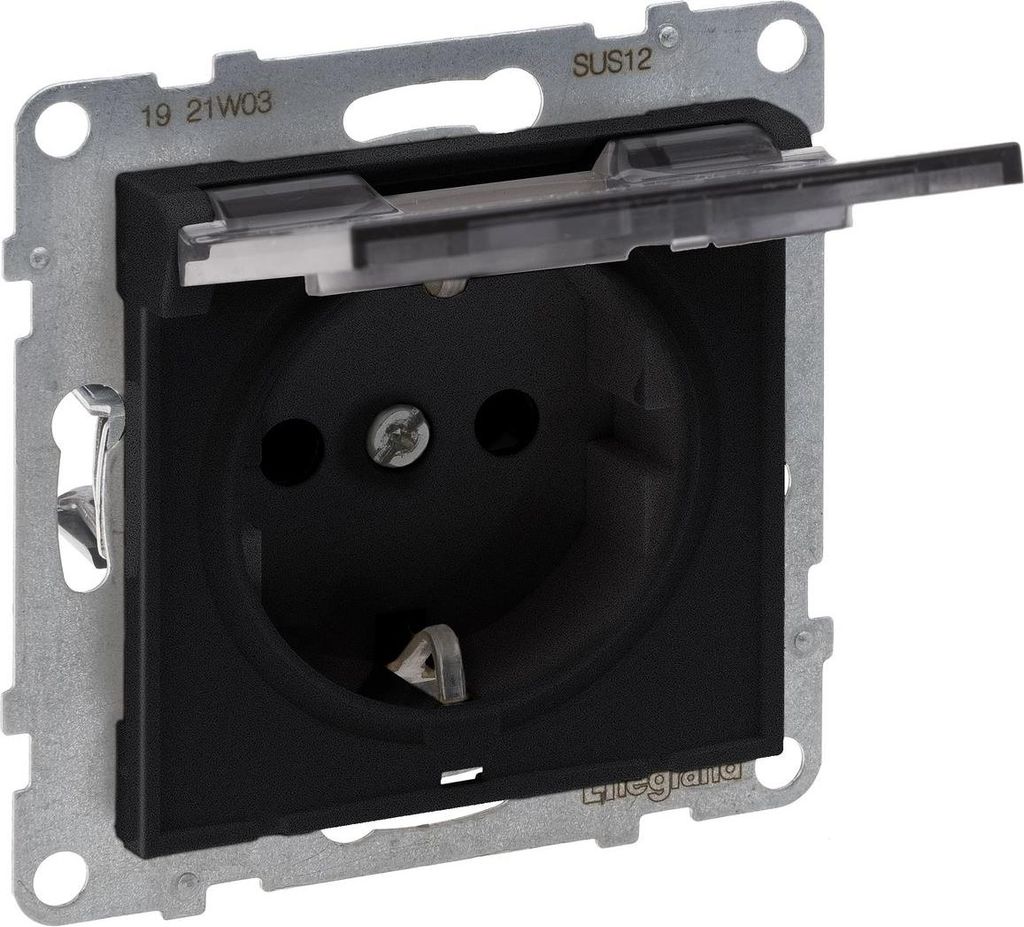 Legrand SEANO Schutzkontakt-Steckdose mit erhöhtem Berührungsschutz und Klappdeckel IP21, Steckklemmen, 16A, 250V, Schwarz, 765323