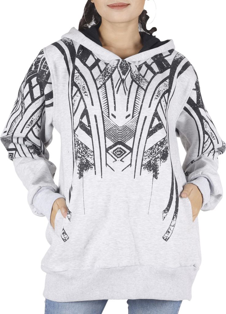 Goa Festival Hoody mit Tribal Print, Kapuzenpulli, Sweatshirt - Grau, Damen, Baumwolle, Größe: XL