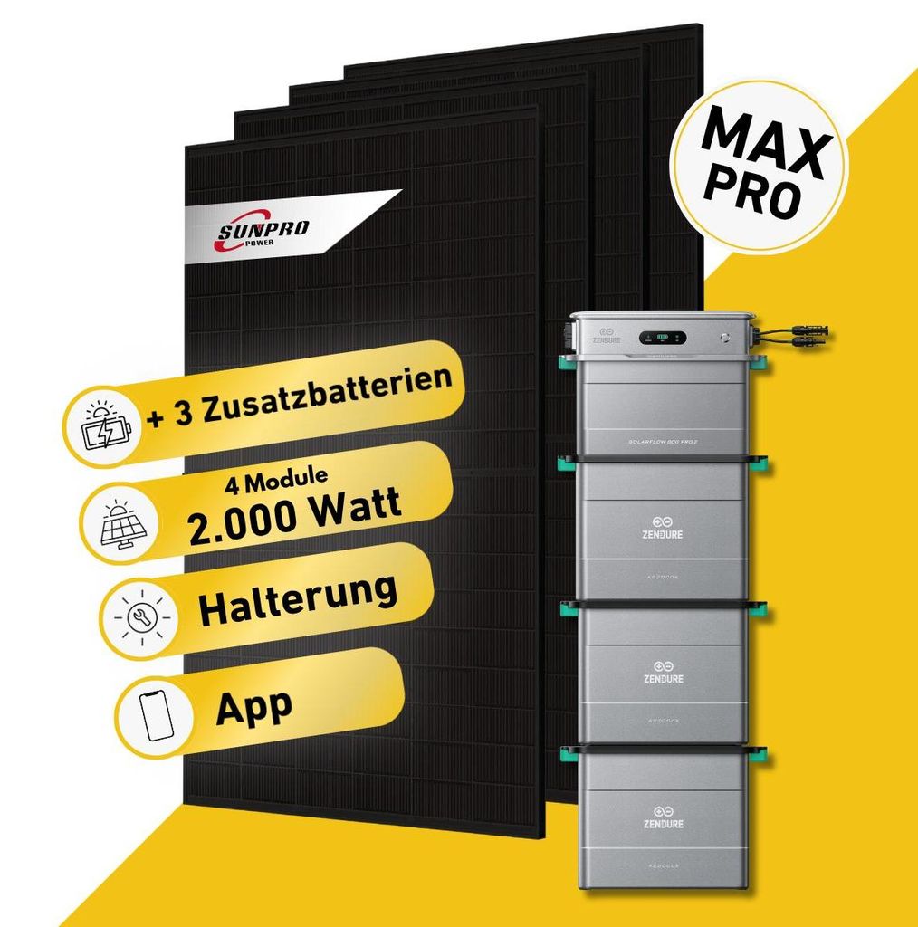 2000 Watt, Bifazial Komplettset, Balkonkraftwerk, Zendure Solarflow 800 Pro 2, 3 x AB2000L Zusatzbatterie und MC-4 Verlängerungskabel
