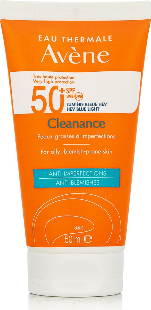 A close-up studio shot of an orange and white tube of Avène Cleanance sunscreen.