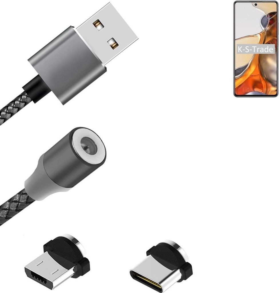 K-S-Trade Hochwertiges Magnet-Lade-kabel Sync-Kabel Daten-Kabel für Xiaomi 11T mit USB-Typ-C-Anschluss und Micro-USB-Anschluss 2A bis zu 480mbps