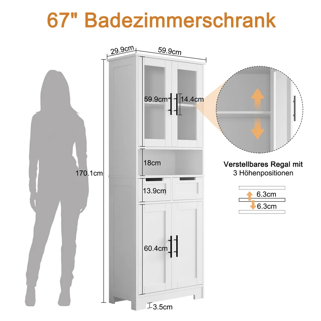 Armoire de rangement verticale FCH, 4 Portes et 2 Tiroirs, Blanc 170cm