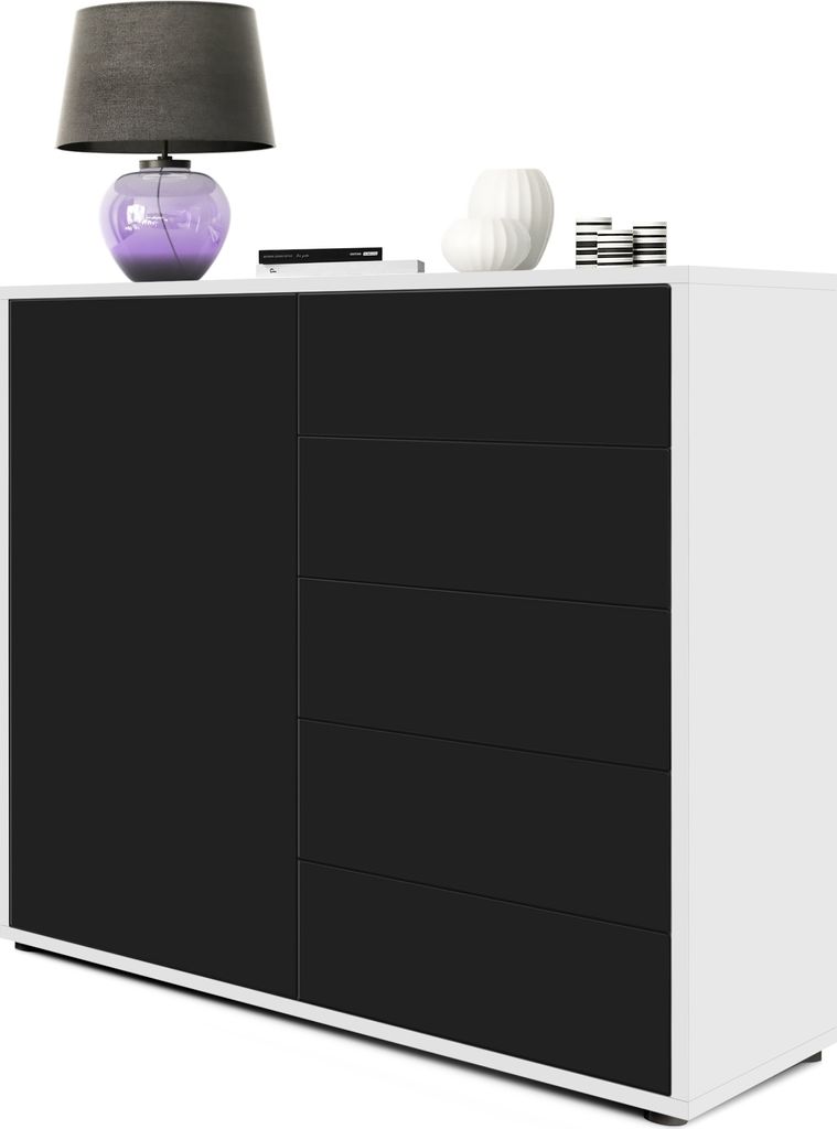 Vladon Sideboard Ben V2, Germany, Kommode mit 1 Tür und 5 Schubladen, Weiß Hochglanz/Schwarz matt (79 x 74 x 36 cm)