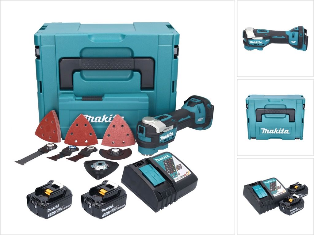 Makita DTM 52 RFJX4 Akku Multifunktionswerkzeug 18 V Starlock Max Brushless + 2x Akku 3,0 Ah + Ladegerät + Zubehör Set + Makpac