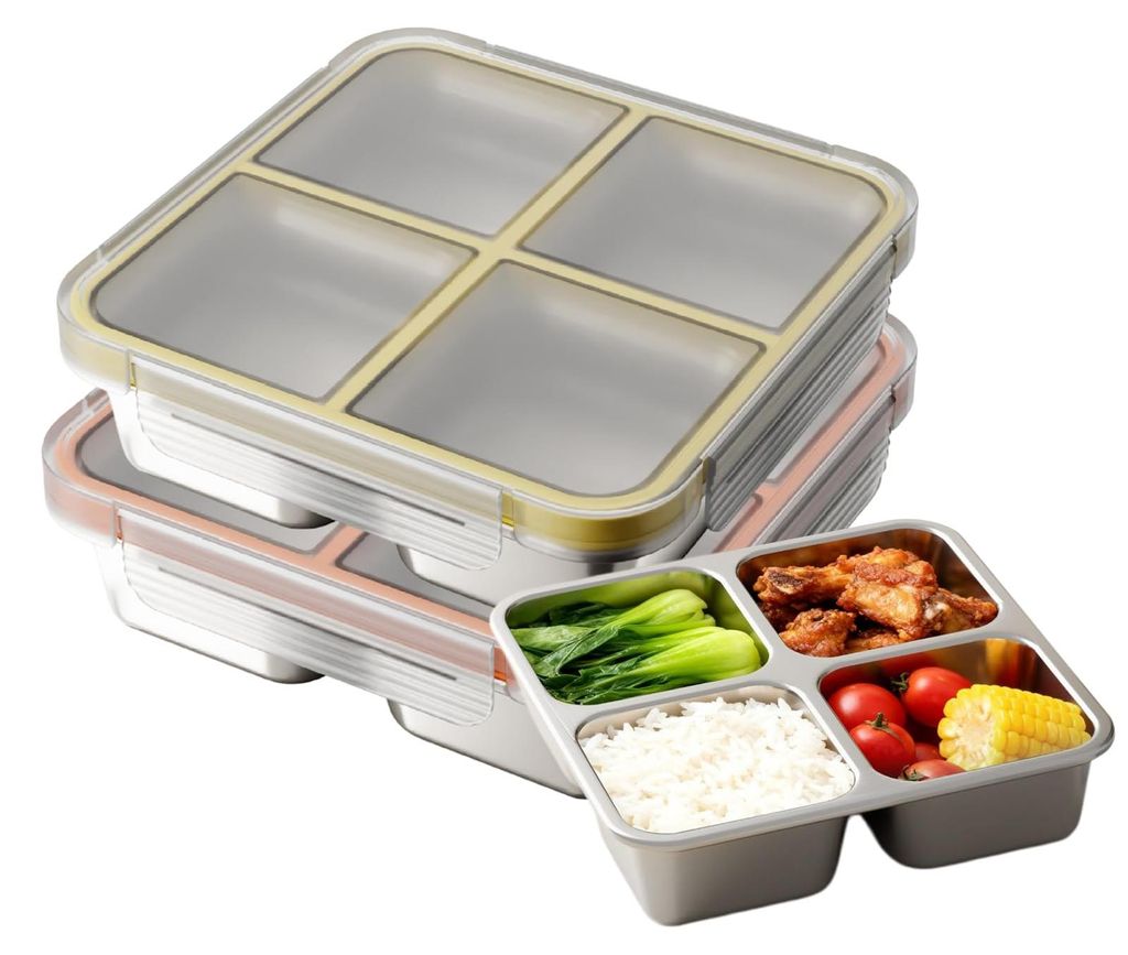 Set mit 2 Lunchboxen für Erwachsene mit Fächern, 720 ml Edelstahl-Lunchbox, Bento-Box mit vier Fächern, auslaufsichere Metall-Lunchbox, Lunchbox...