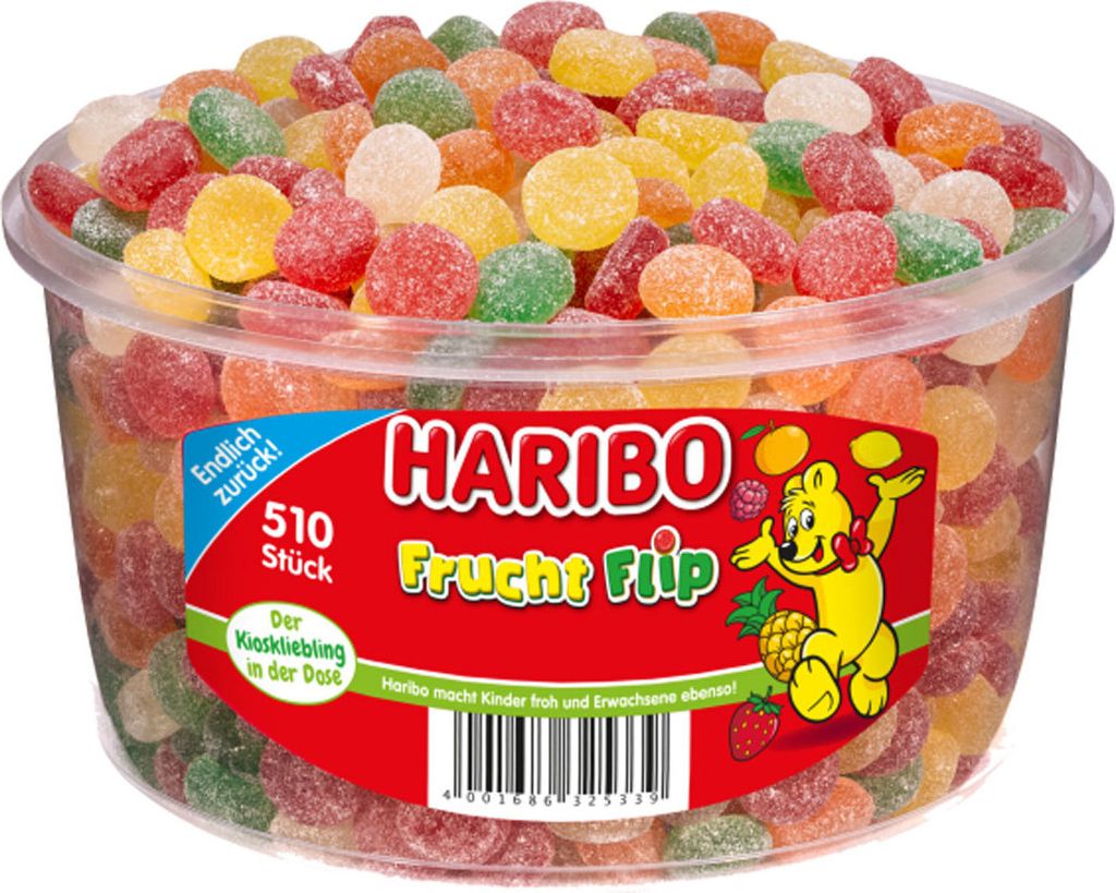 Haribo Fruit Flip 510 słodzone dropsy z gumy owocowej różne Zdjęcie produktu 