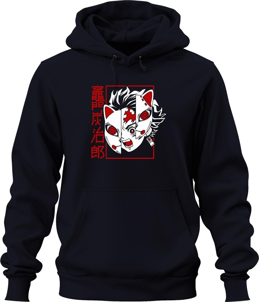 Tanjiro Kamado Kimetsu no Yaiba Fuchsmaske Anime Geschenk Uni Hoodie Kapuzenpullover, Navy, L