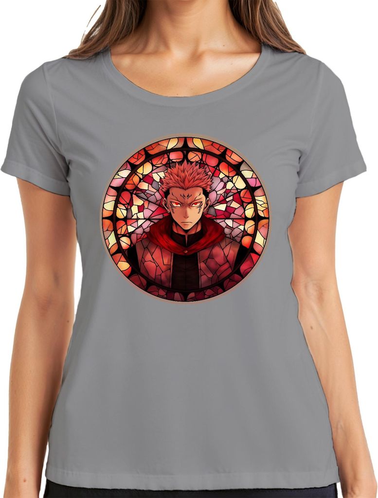 Anime Ästhetik Dämonenkrieger Rote Augen Buntglas Stil Manga düster Damen T-Shirt, Grau, 3XL