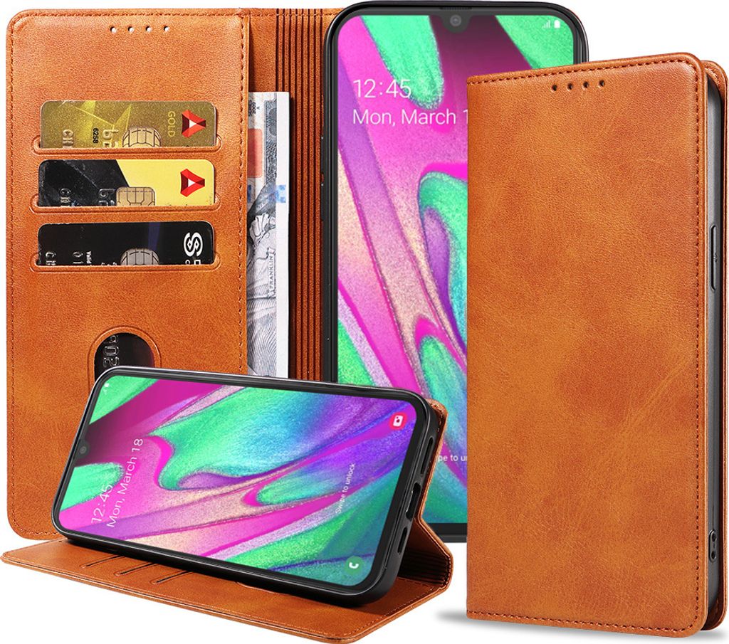 Geschikt voor Samsung Galaxy A40 Telefoonhoesje Kunstleer met Magnetisch lipje en Pasjeshouder Book Case met Klepje - Bruin - Smartphonica