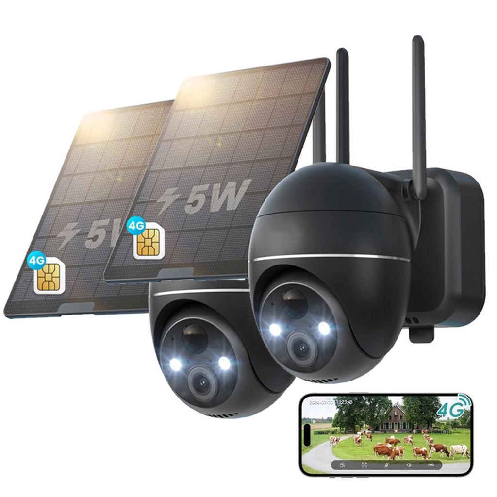 2 Stück 4G LTE Überwachungskamera Aussen Akku mit SIM Karte 2K Kabellos Solar PTZ IP Kamera Outdoor Ohne WLAN Farb-Nachtsicht PIR Erkennung