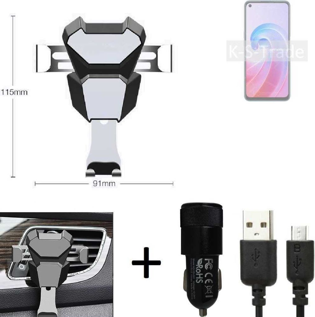 K-S-Trade KFZ Halterung kompatibel mit Oppo A96 Halterung Lüftungshalterung Lüftungsschlitz schwarz-silber Autohalterung Handy inkl. KFZ Ladegerät