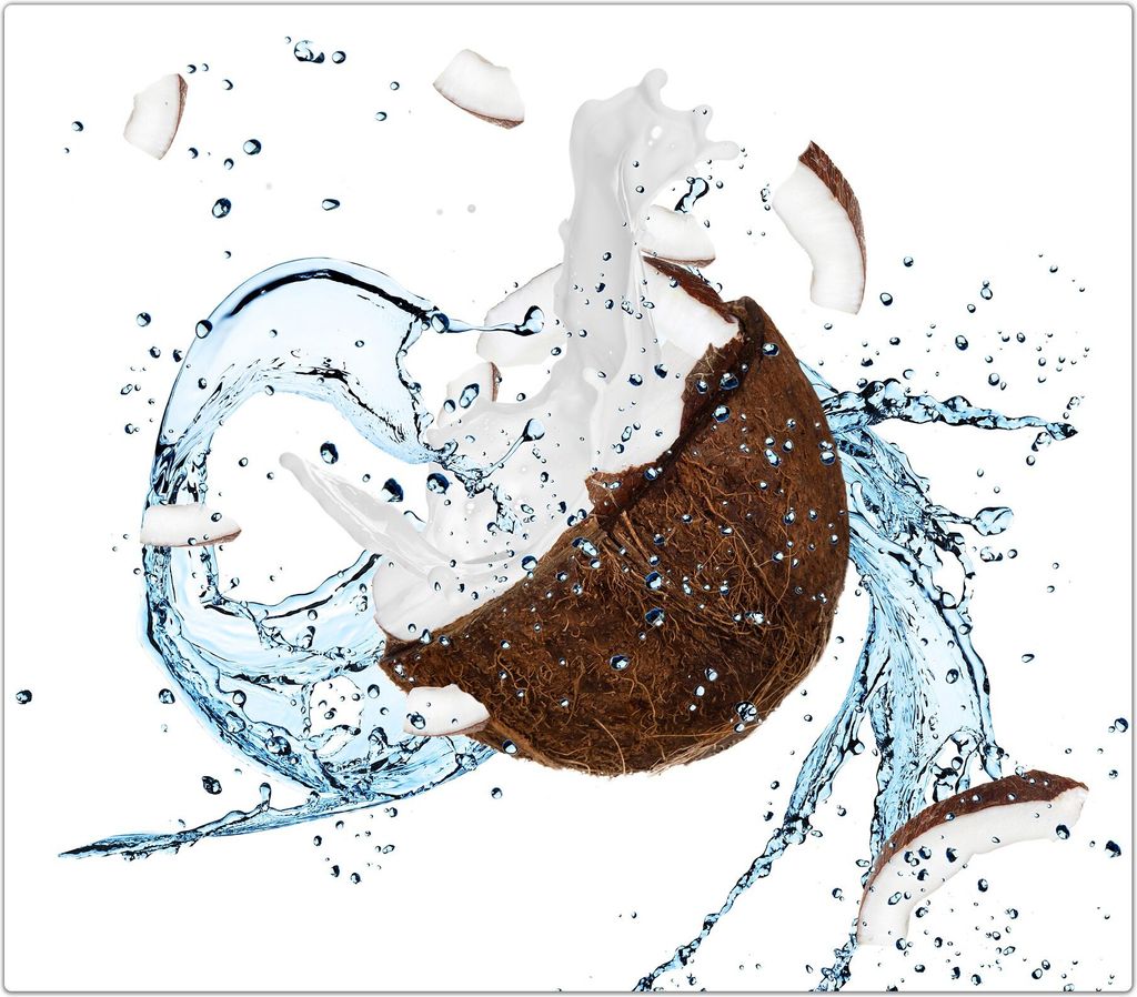 Spritzschutz Herdabdeckplatte Schneidebrett aus Glas Kokosnuss auf Wassersplash 1-Teilig (60x52cm)