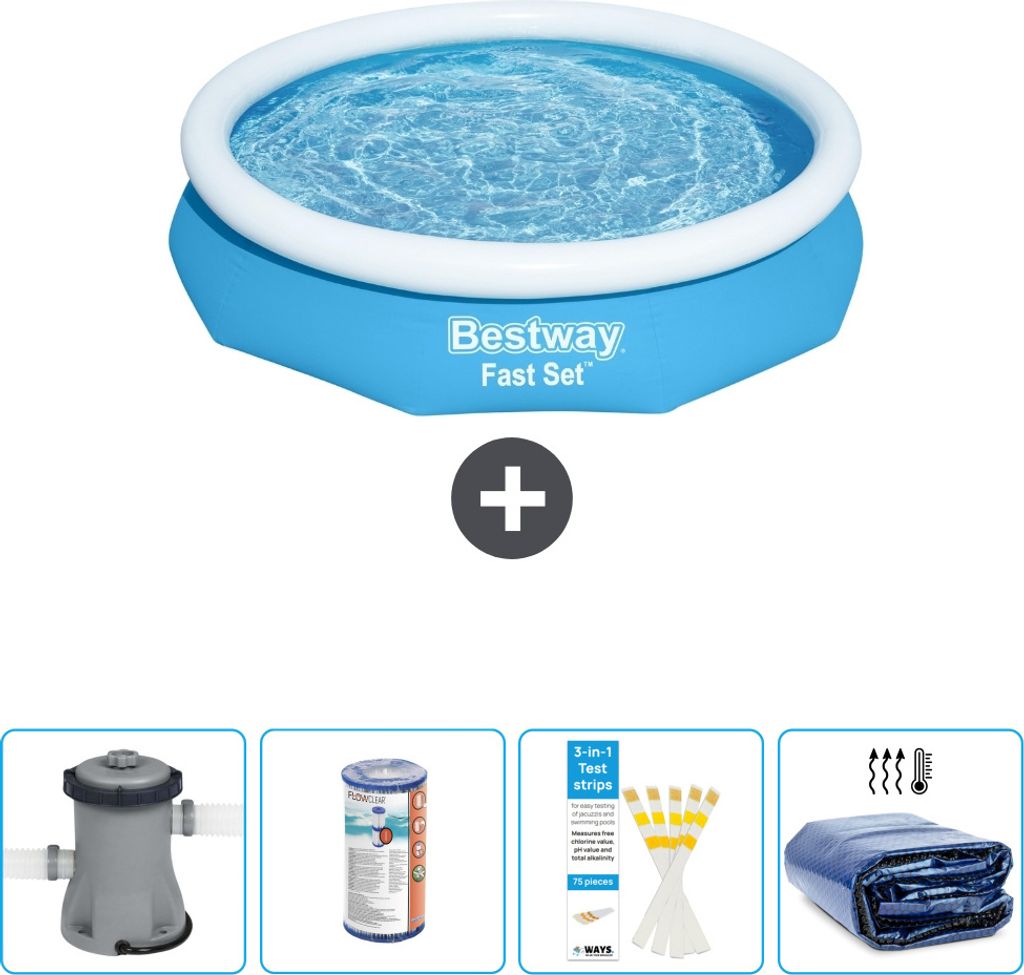 Bestway runder aufblasbarer Fast-Set-Schwimmpool – 305 x 66 cm – Blau – inklusive Pumpe Filter - Teststreifen - Sonnensegel