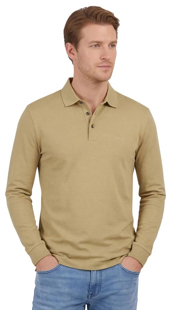 Poloshirt Boss Black Pado langarm 3 Knöpfe beige