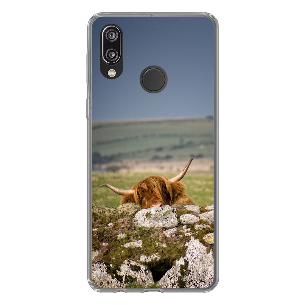 MuchoWow Handyhülle Schutzhülle Hülle für Huawei P20 Lite (2020) Schottische Highlander - Steine - Gras Silikon Softcase Handy Hülle - Karte...
