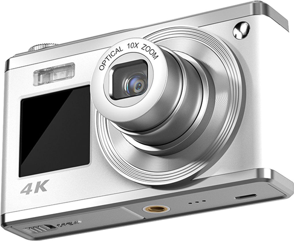 A close-up, studio shot of a silver and white digital camera against a white background.
