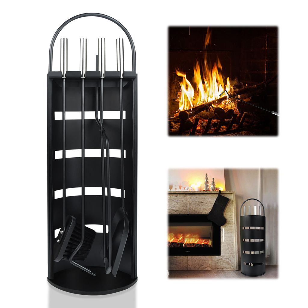 YARDIN Kaminbesteck Edelstahl - Modern Kamin Besteck Set 5 teilig: Edelstahl Ständer mit Sichtschutz, Besen, Zange, Schürhaken, Ascheschaufel