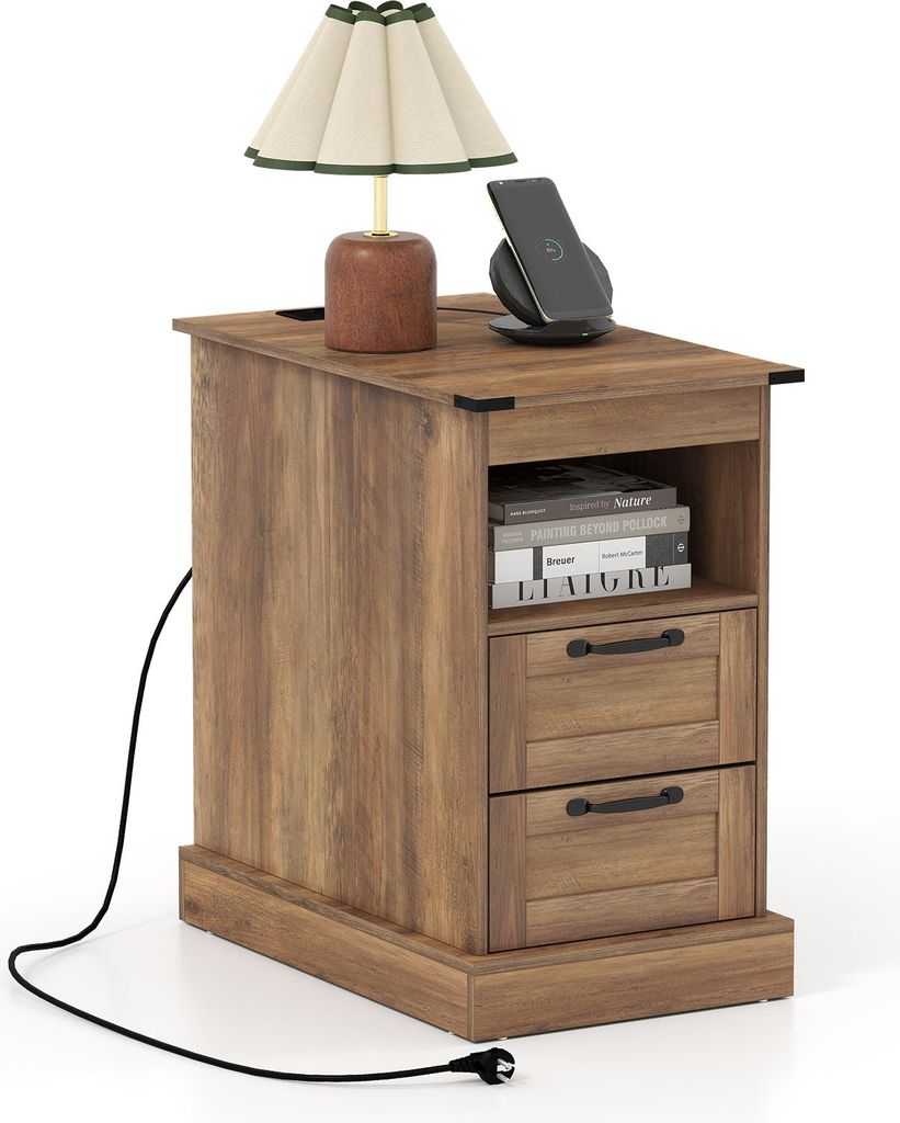 COSTWAY Beistelltisch mit Ladestation, Nachttisch mit Ablagefach & 2 Schubladen, Tisch klein mit Staufach hinten, Sofatisch für Schlafzimmer, Braun