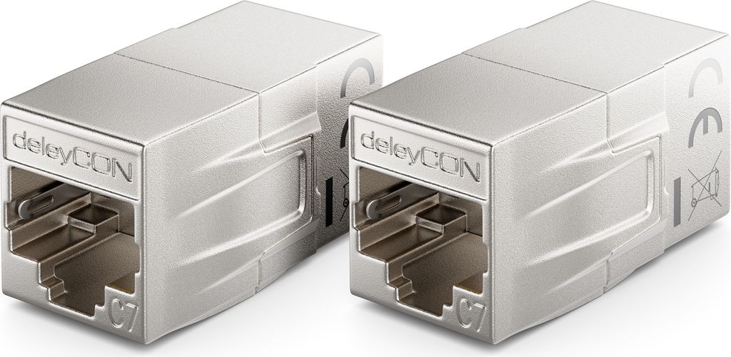 deleyCON 2 Stück CAT 7 Kupplung Verbinder Adapter Metall Patchkabel LAN DSL Ethernet RJ45 Verlängerung 2x RJ45 Buchse 600 MHz 10Gbps Silber