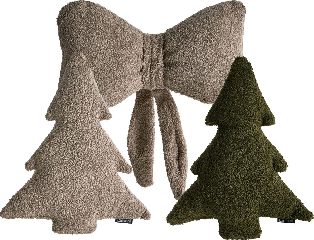 BELIANI Dekokissen 3er Set Taupe / Dunkelgrün Bouclé Stoff mit Füllung Weihnachtsmotiv Schleife Weihnachtsbaum Form Weihnachtkissen Weihnachtsdeko