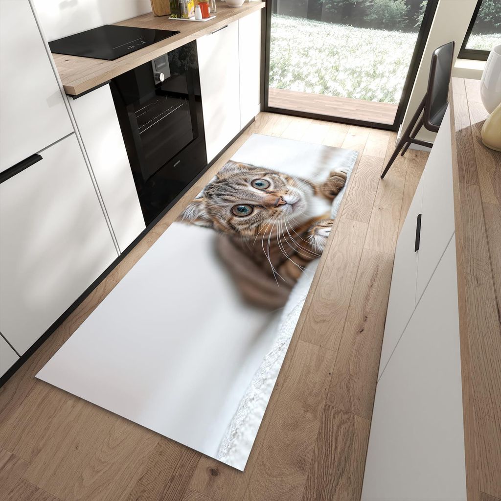 Küchenteppich 90x240cm rutschfest & abwischbar PVC Läufer - Süße Kleine Katze