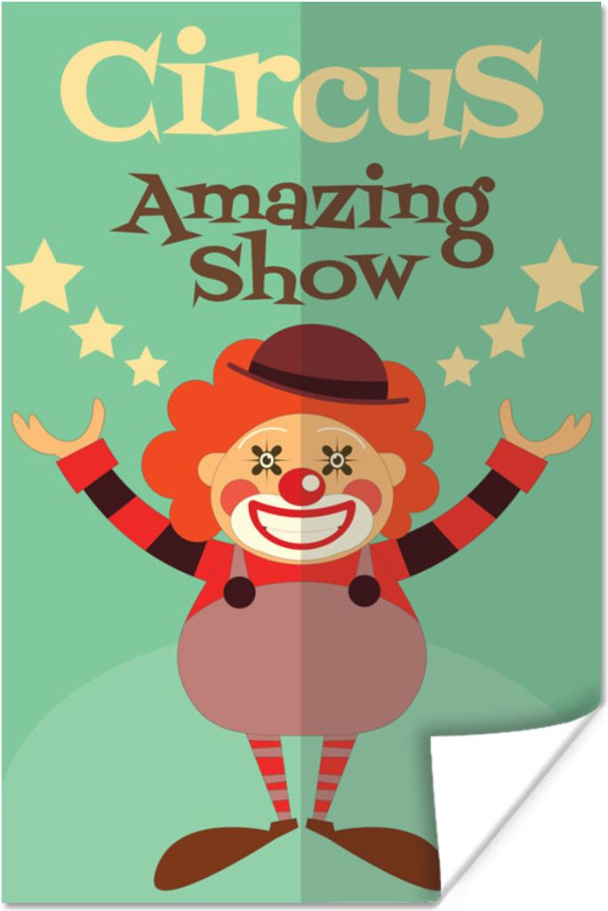 MuchoWow Poster "Zirkus" mit einem Clown auf grünem Hintergrund 40x60 cm - Plakate für die Wand - Poster Babyzimmer